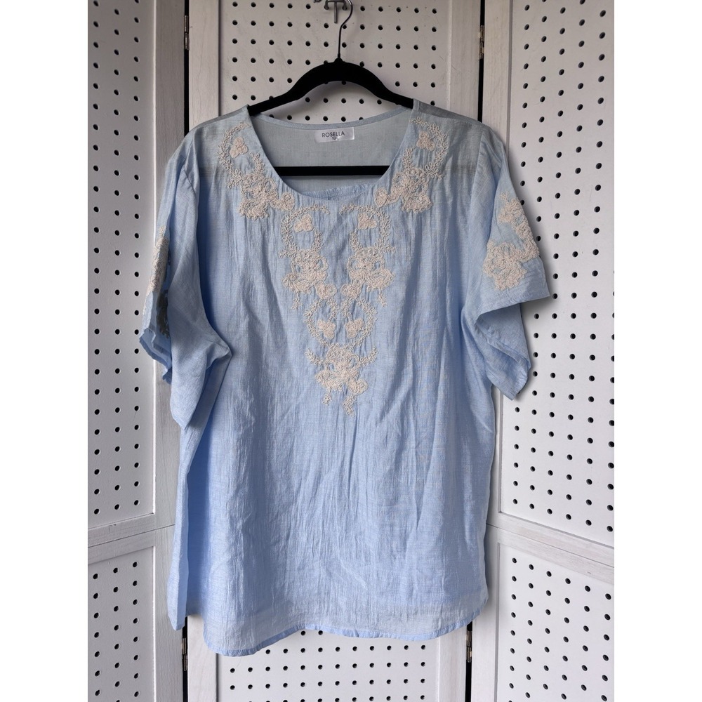 Rosella Tu Women's Lg/XL? Blue Short SLV Embroidered Feminine Romantic Blouse